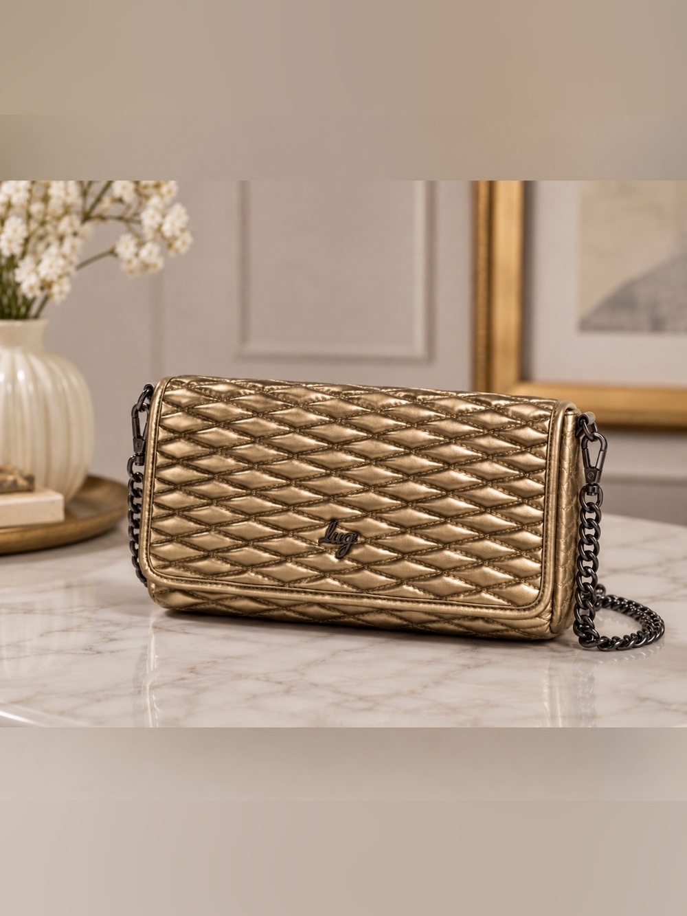 LUG Strut  Metallic Walnut Quilted Crossbody Bag NWT Chain Strap RFID